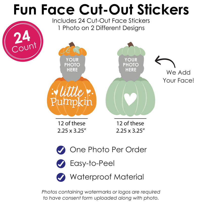 Custom Photo Little Pumpkin - Fall Birthday Party Favors - Fun Face Cut-Out Stickers - Set of 24