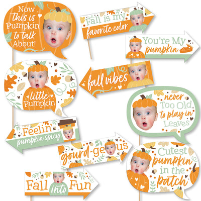 Custom Photo Funny Little Pumpkin - Fall Birthday Party Fun Face Photo Booth Props Kit - 10 Piece
