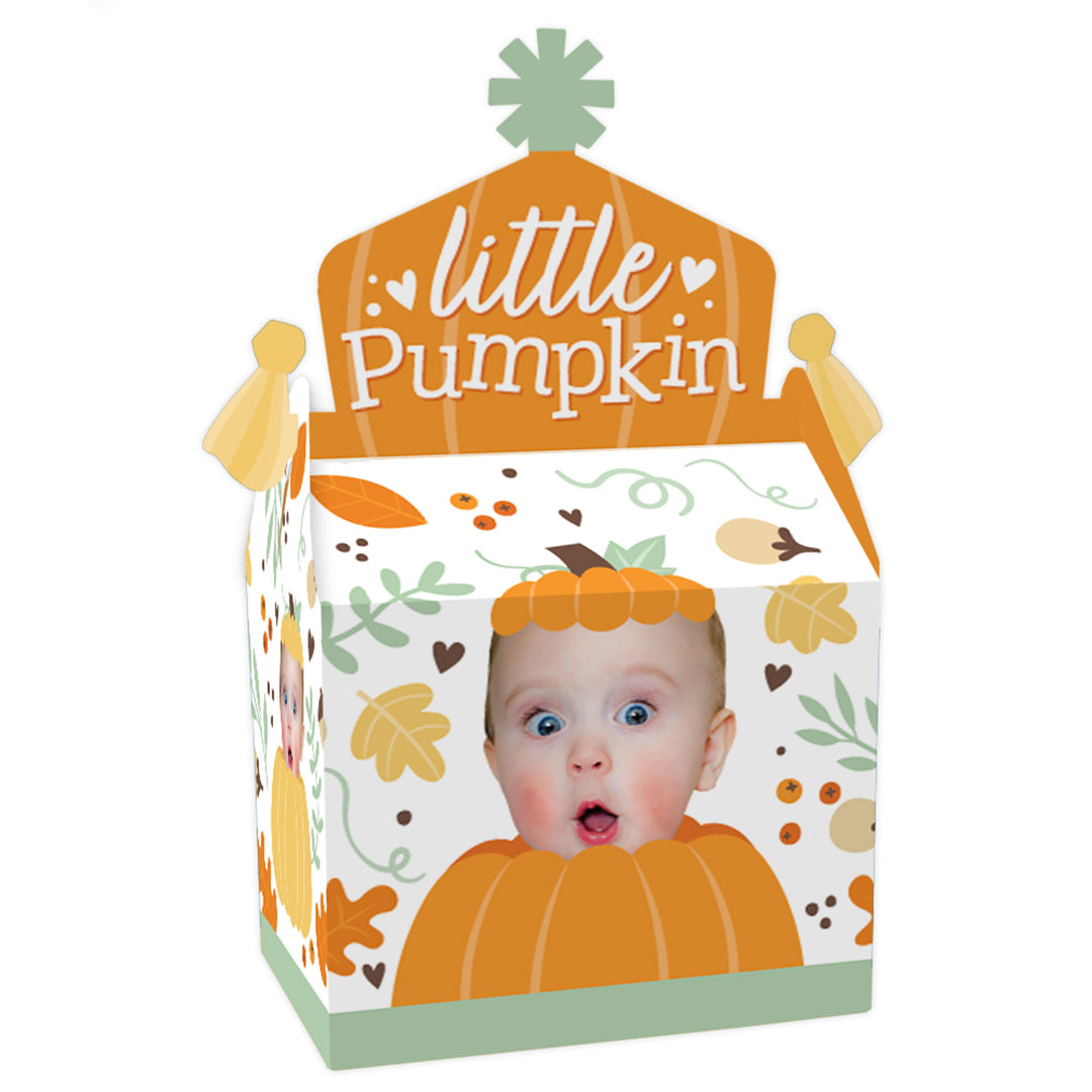 A custom photo gable box with a 'Little Pumpkin' design featuring an image of a baby with a pumpkin face, surrounded by fall-themed decorations like leaves and pumpkins.