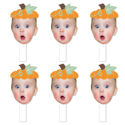 Custom Photo Little Pumpkin - Fall Birthday Party Head Cut Out Photo Booth and Fan Props - Fun Face Cutout Paddles - Set of 6