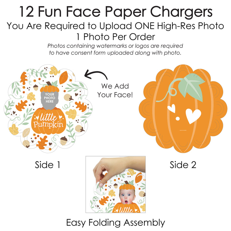 Custom Photo Little Pumpkin - Fall Birthday Party Round Table Decorations - Fun Face Paper Chargers - Place Setting For 12