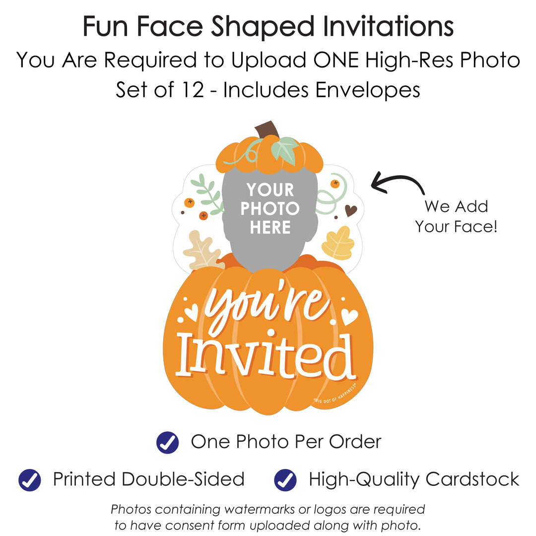 Custom Photo Little Pumpkin - Fall Birthday Party Fun Face Shaped Fill-In Invitation Cards with Envelopes - Set of 12