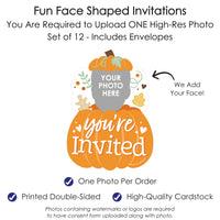 Custom Photo Little Pumpkin - Fall Birthday Party Fun Face Shaped Fill-In Invitation Cards with Envelopes - Set of 12