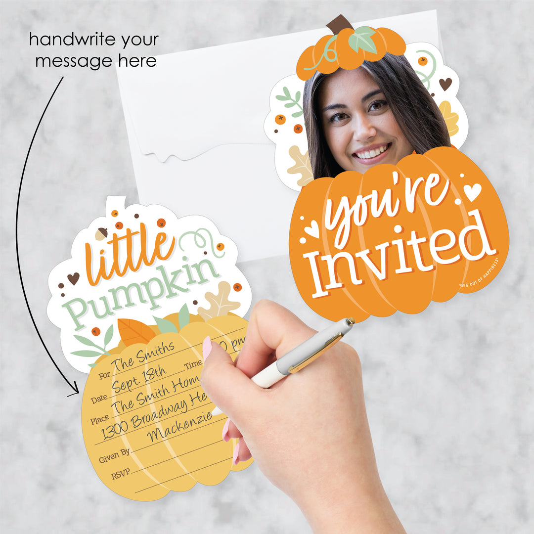 Custom Photo Little Pumpkin - Fall Birthday Party Fun Face Shaped Fill-In Invitation Cards with Envelopes - Set of 12