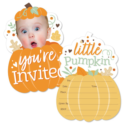 Custom Photo Little Pumpkin - Fall Birthday Party Fun Face Shaped Fill-In Invitation Cards with Envelopes - Set of 12