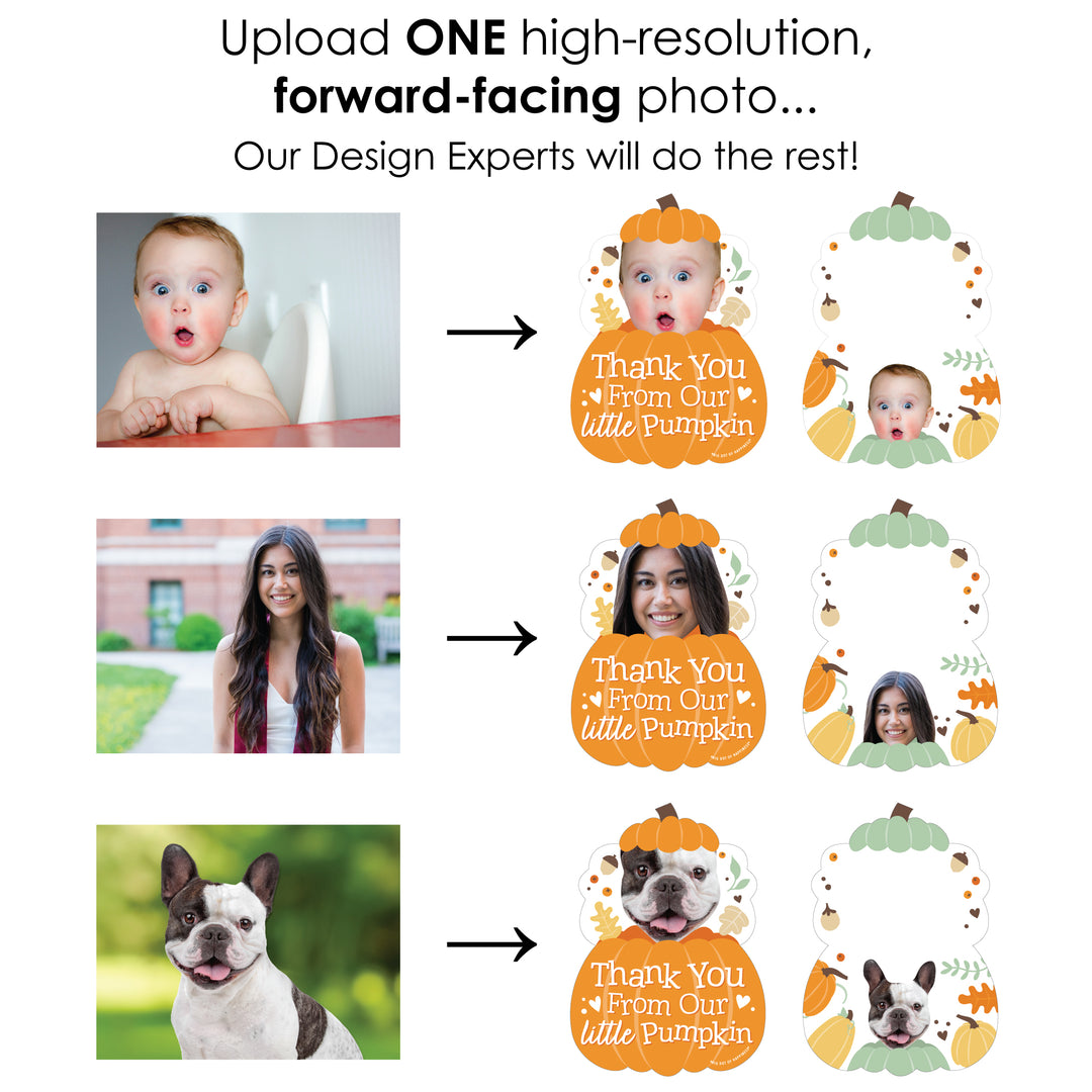 Custom Photo Little Pumpkin - Fall Birthday Party Fun Face Shaped Thank You Cards with Envelopes - Set of 12