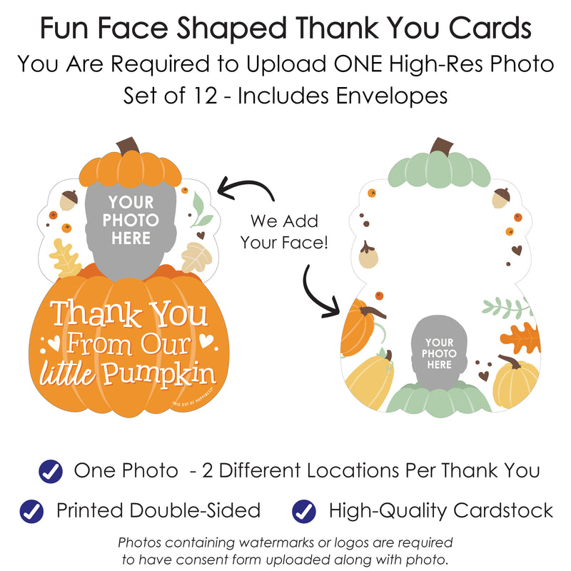Custom Photo Little Pumpkin - Fall Birthday Party Fun Face Shaped Thank You Cards with Envelopes - Set of 12