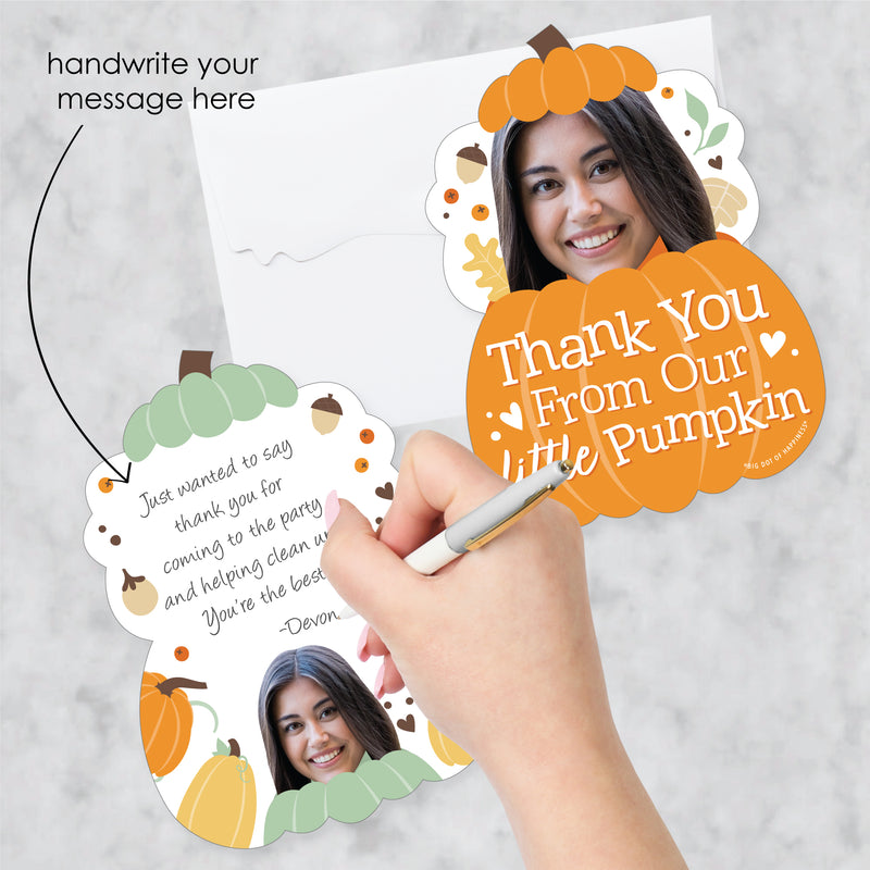 Custom Photo Little Pumpkin - Fall Birthday Party Fun Face Shaped Thank You Cards with Envelopes - Set of 12