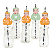 Set of 24 paper straw decorations with 'Little Pumpkin' text and face cut-outs, striped paper straws, and clear stickers for a fall birthday party.