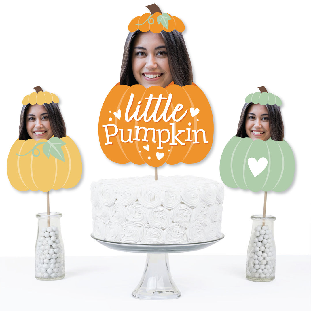 Custom Photo Little Pumpkin - Fall Birthday Party Centerpiece Sticks - Fun Face Table Toppers - Set of 15