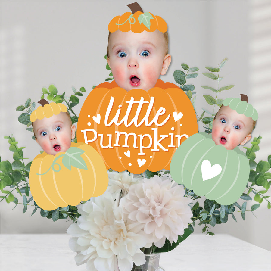 Custom Photo Little Pumpkin - Fall Birthday Party Centerpiece Sticks - Fun Face Table Toppers - Set of 15