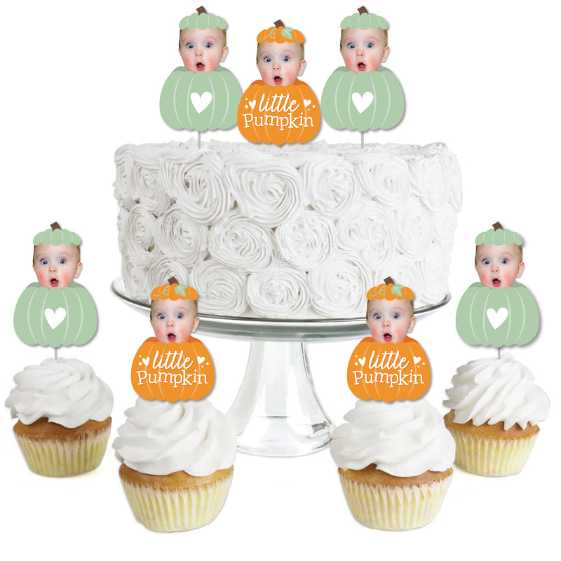 Custom Photo Little Pumpkin - Fall Birthday Party Dessert Cupcake Toppers - Fun Face Clear Treat Picks - Set of 24