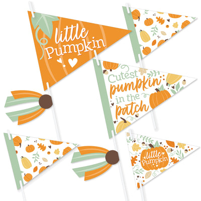 Little Pumpkin - Triangle Fall Birthday Party or Baby Shower Photo Props - Pennant Flag Centerpieces - Set of 20