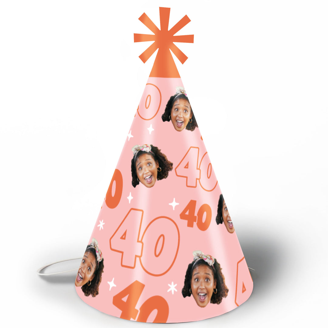 Custom Face 40th Birthday Cone Hat - 8 Ct