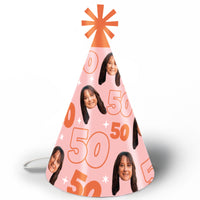 Custom Face 50th Birthday Cone Hat - 8 Ct