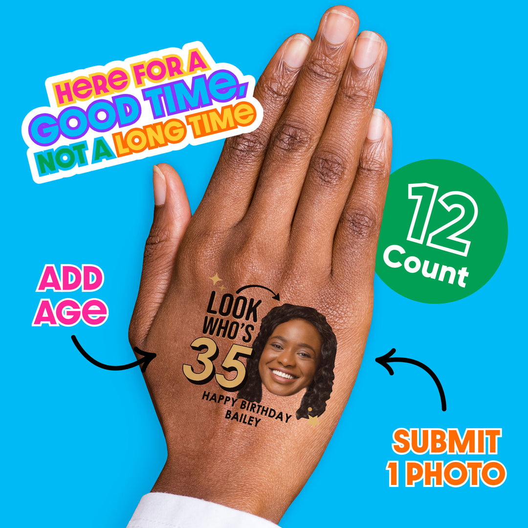 Custom Look Who's AGE Birthday Party Temporary Tattoos - 12 Ct
