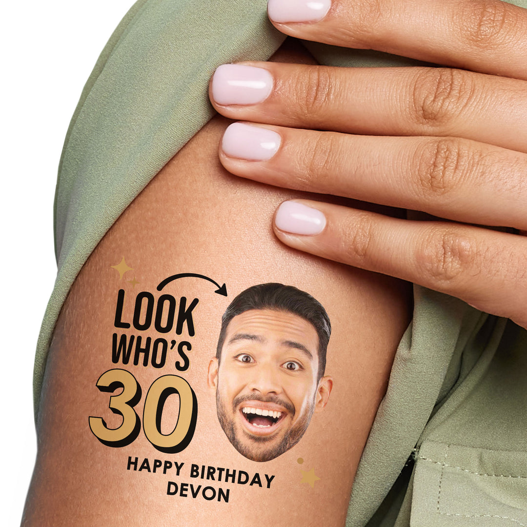 Custom Look Who's AGE Birthday Party Temporary Tattoos - 12 Ct