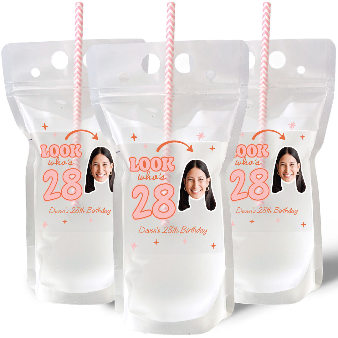 Custom Face Drink Pouches - Look Whos Birthday - 12 Ct