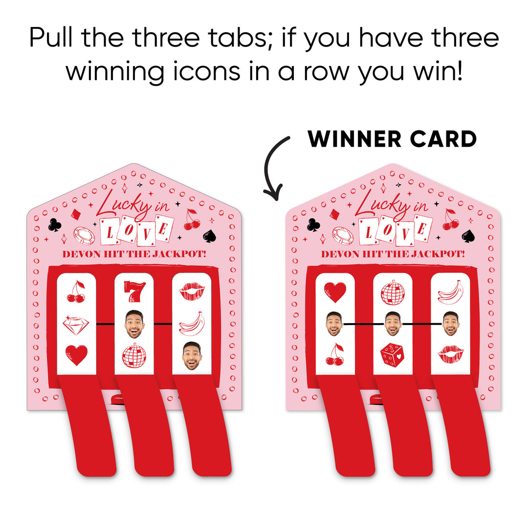 Set of 12 Lucky In Love custom pull tabs including 1 winner and 11 loser cards