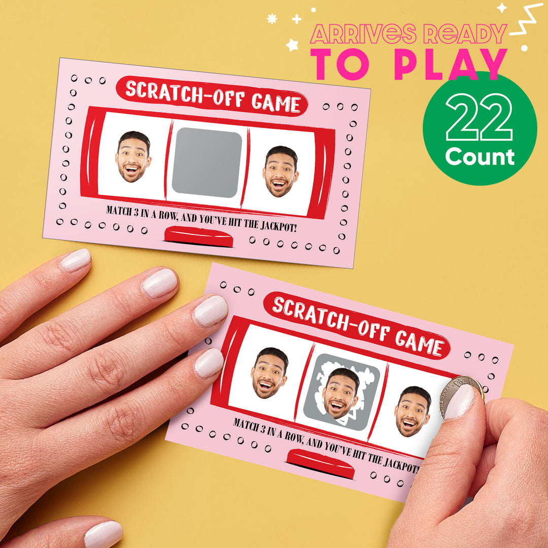 Close-up of Lucky In Love scratch-off card with hidden custom photo reveal
