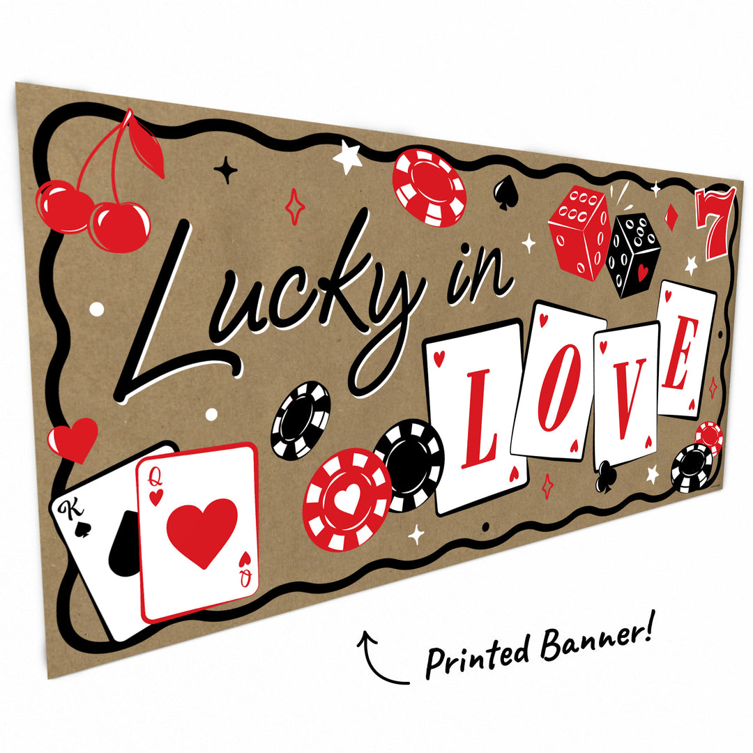 Close-up of playing cards, dice, and poker chips on casino banner