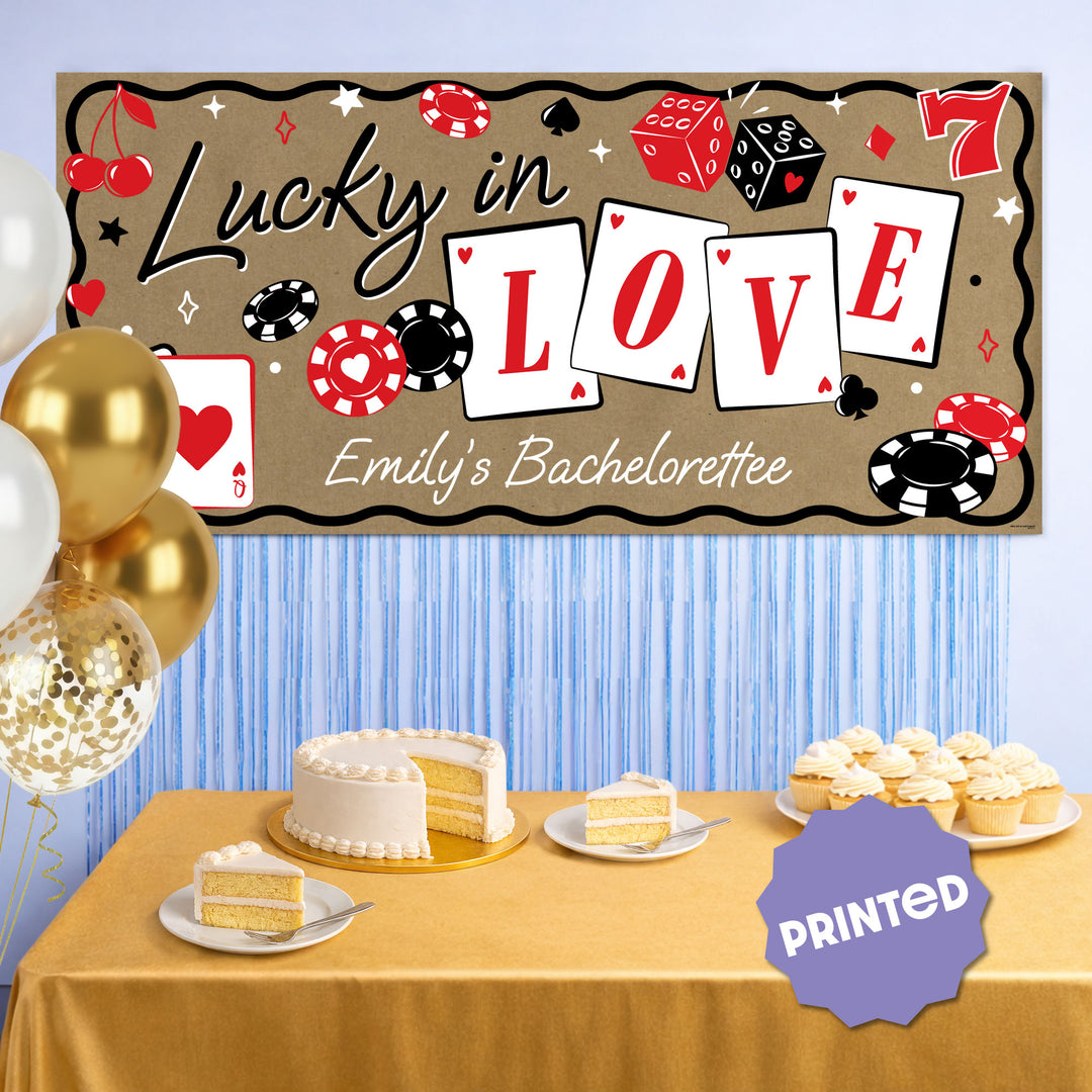 Vegas themed bachelorette banner styled behind dessert table