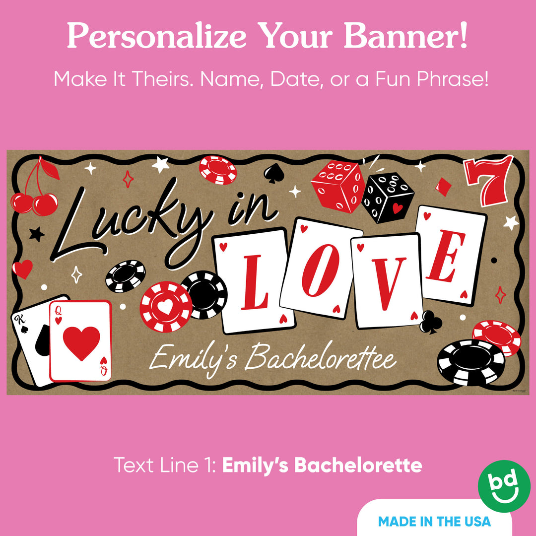 Custom text detail on Lucky in Love party banner