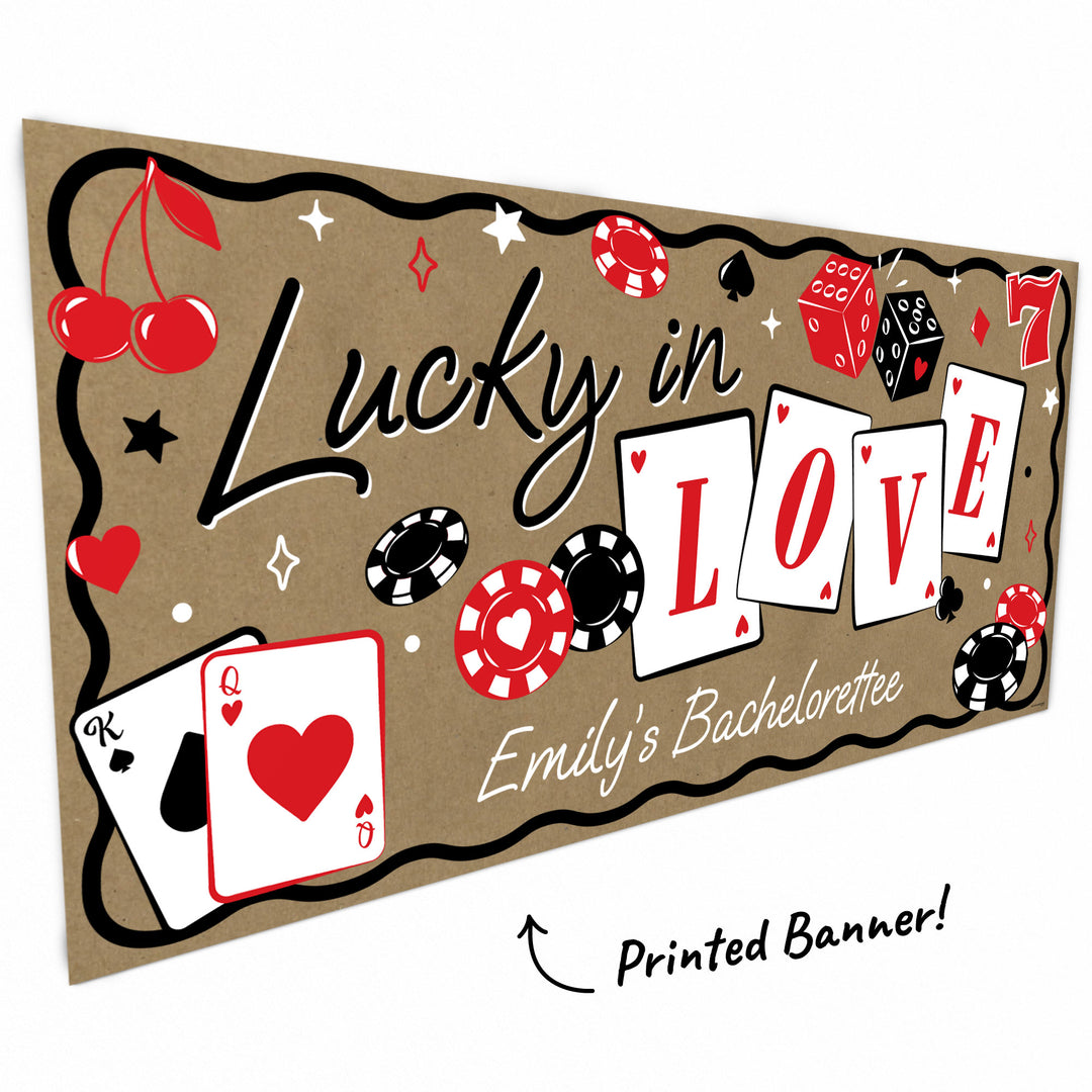 Playing cards, dice and poker chip design close-up on kraft banner