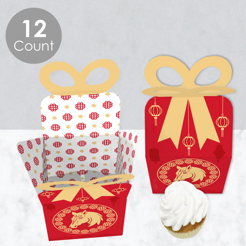 Lunar New Year - Square Favor Gift Boxes - 2026 Year of the  Horse Bow Boxes - Set of 12