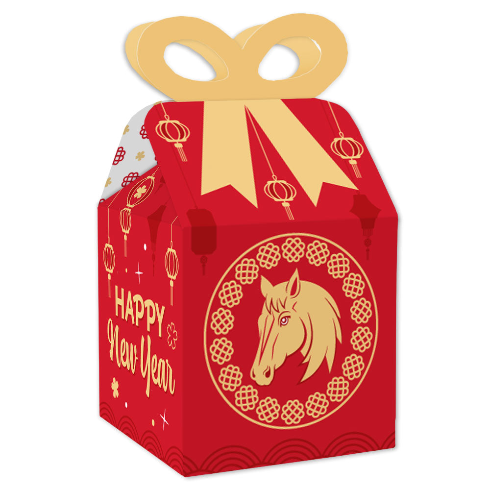 Red gift box with gold horse design and 'Happy New Year' text on a white background