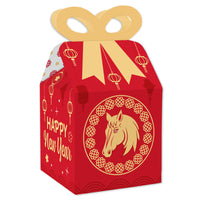 Red gift box with gold horse design and 'Happy New Year' text on a white background