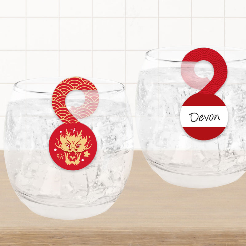 Lunar New Year - 2024 Year of the Dragon Paper Beverage Markers for Glasses - Drink Tags - Set of 24