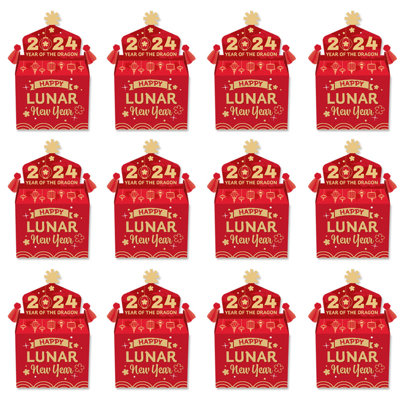 Lunar New Year - Treat Box Party Favors - 2024 Year of the Dragon Goodie Gable Boxes - Set of 12