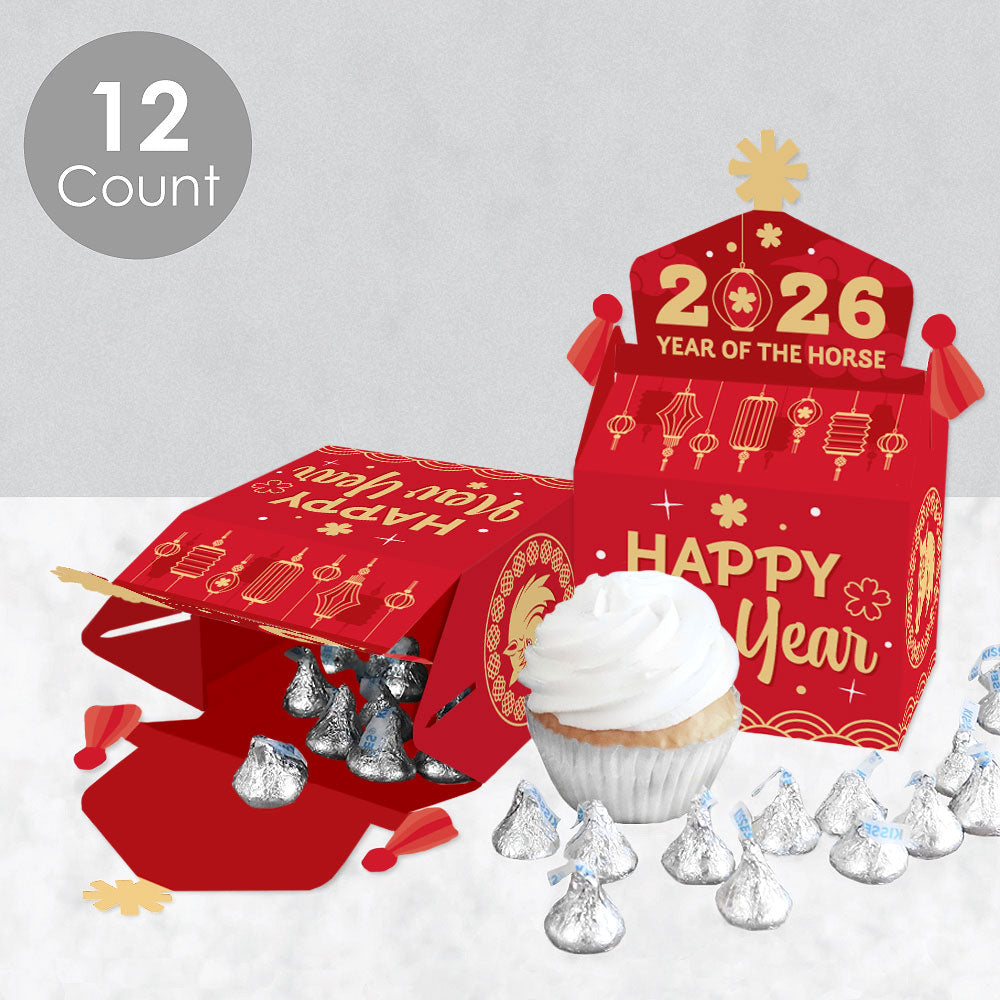 Red 'Happy Year' box with treats on a white background