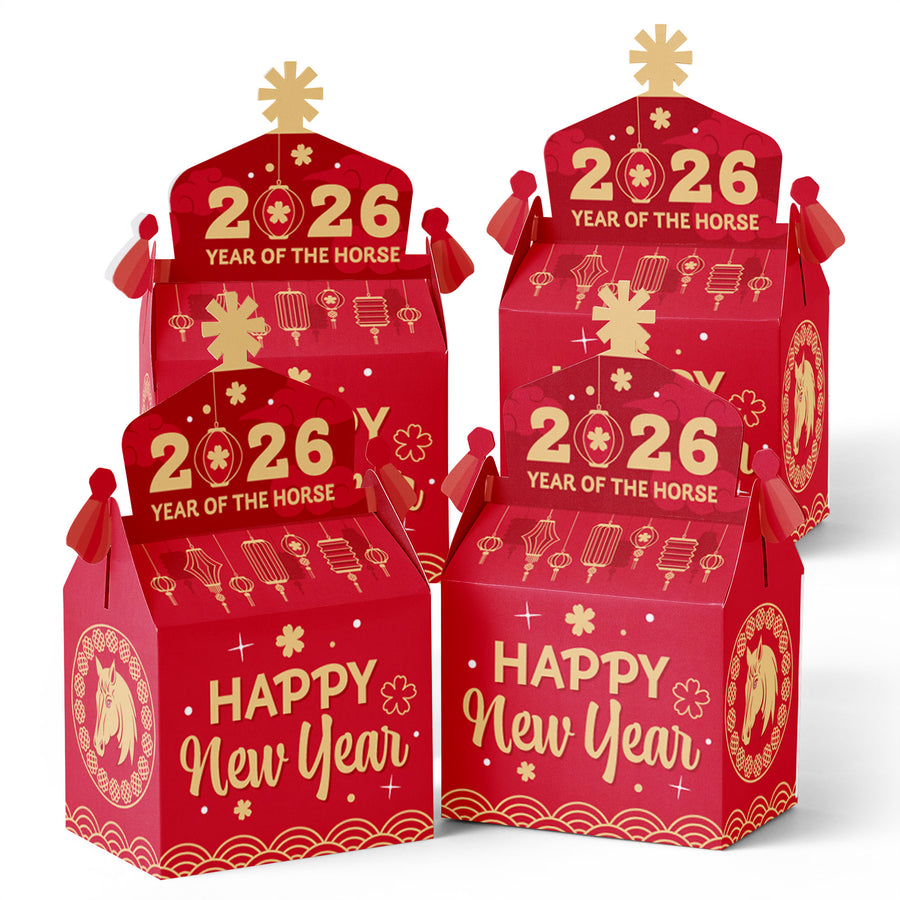 Red and gold '2026 Year of the Horse' New Year's Eve boxes on a white background