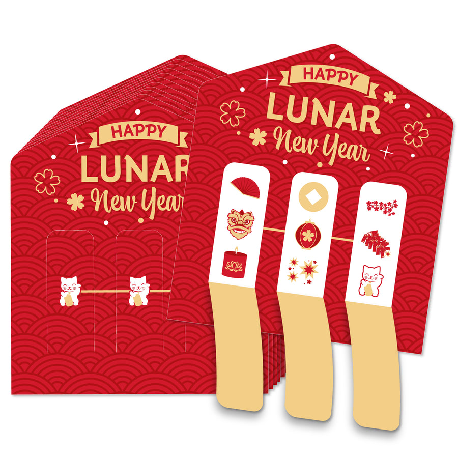 A set of red game pickle cards with 'Happy Lunar New Year' text and various designs, including Chinese lanterns and cats, on them.