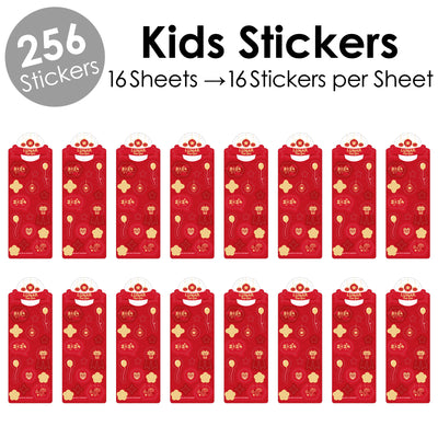 Lunar New Year - 2024 Year of the Dragon Favor Kids Stickers - 16 Sheets - 256 Stickers