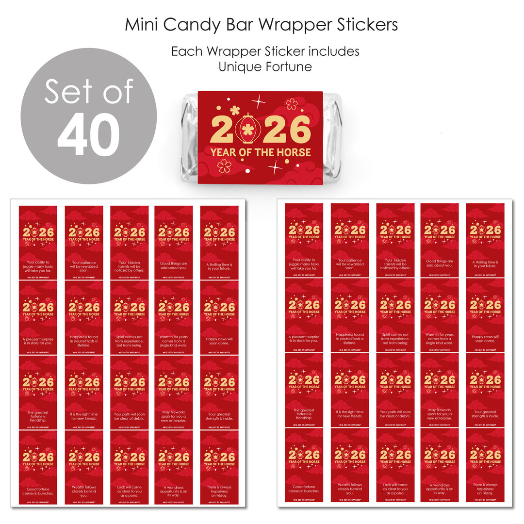Lunar New Year - Fortune Mini Candy Bar Wrapper Stickers - 2026 Year of the Horse Small Favors - 40 Count