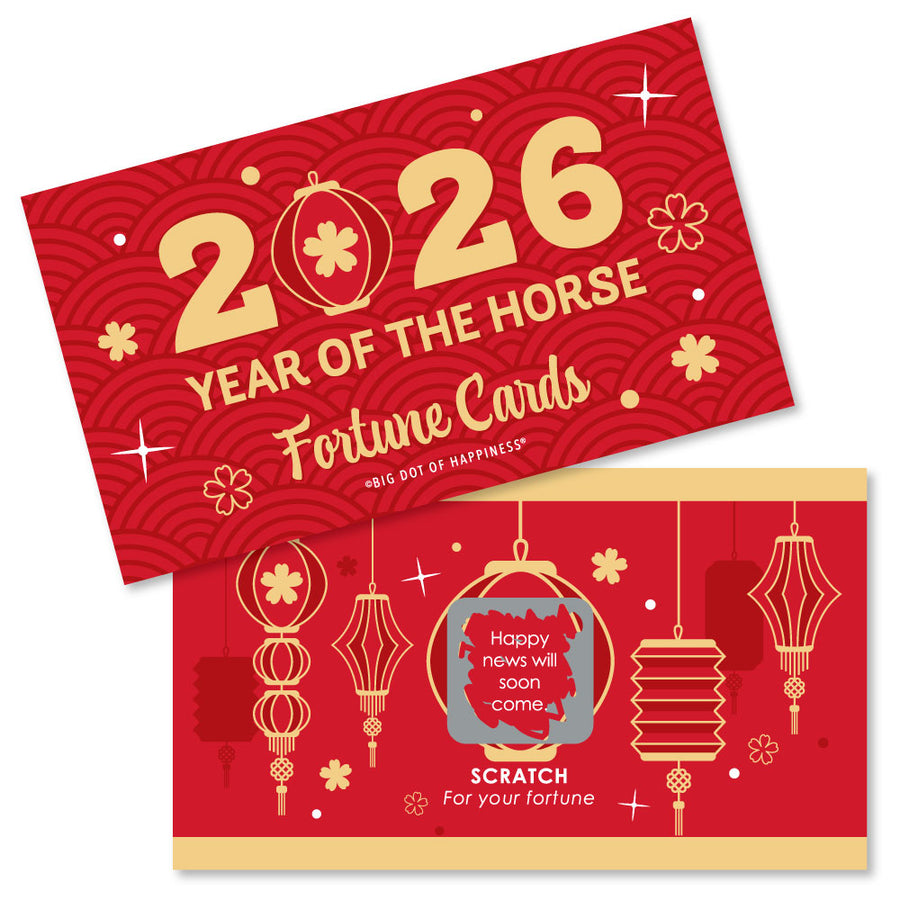 Red and gold '2026 Year of the Horse Fortune Cards' with scratch-off feature on a white background.
