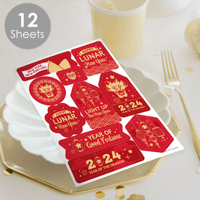 Lunar New Year - 2024 Year of the Dragon Party Favor Sticker Set - 12 Sheets - 120 Stickers