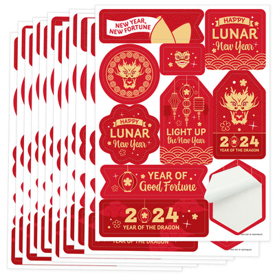 Lunar New Year - 2024 Year of the Dragon Party Favor Sticker Set - 12 Sheets - 120 Stickers