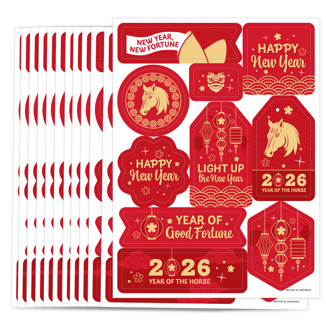 lunar new year 2026 Collection of red and gold New Year's Eve stickers with festive designs and text.