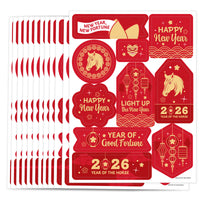 lunar new year 2026 Collection of red and gold New Year's Eve stickers with festive designs and text.