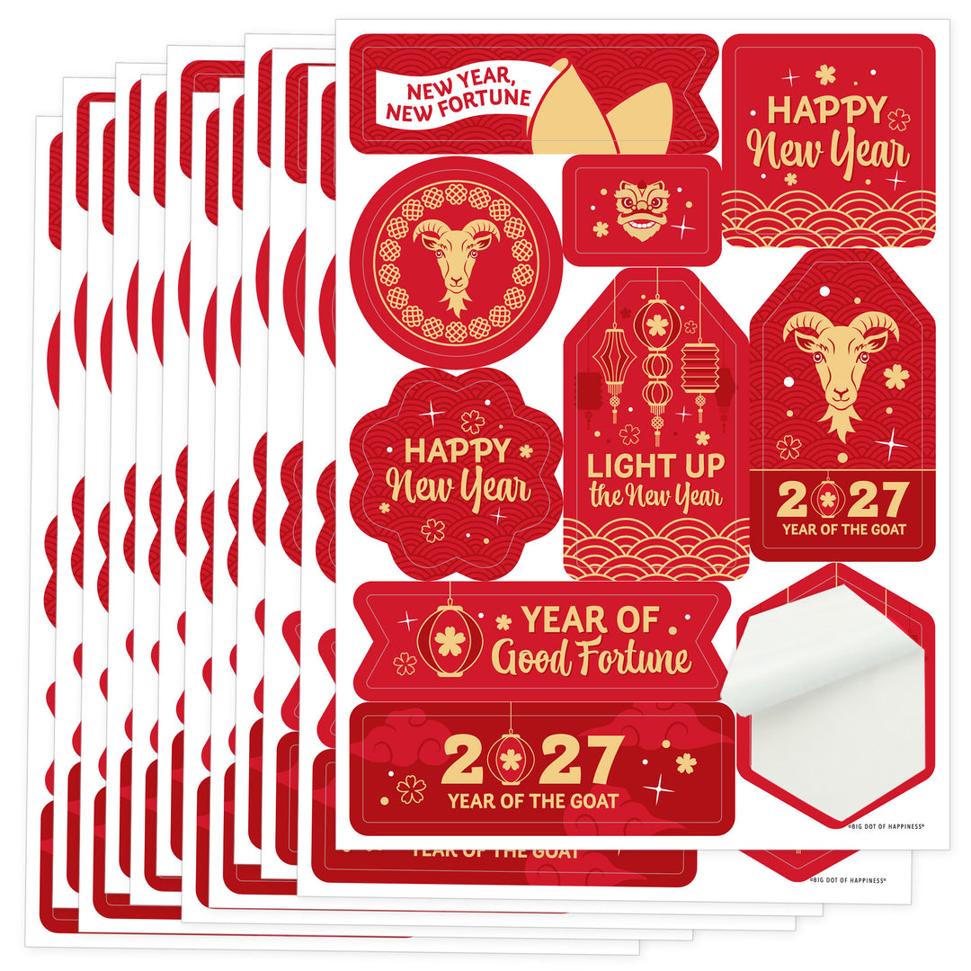 Lunar New Year - 2027 Year of the Goat Party Favor Sticker Set - 12 Sheets - 120 Stickers