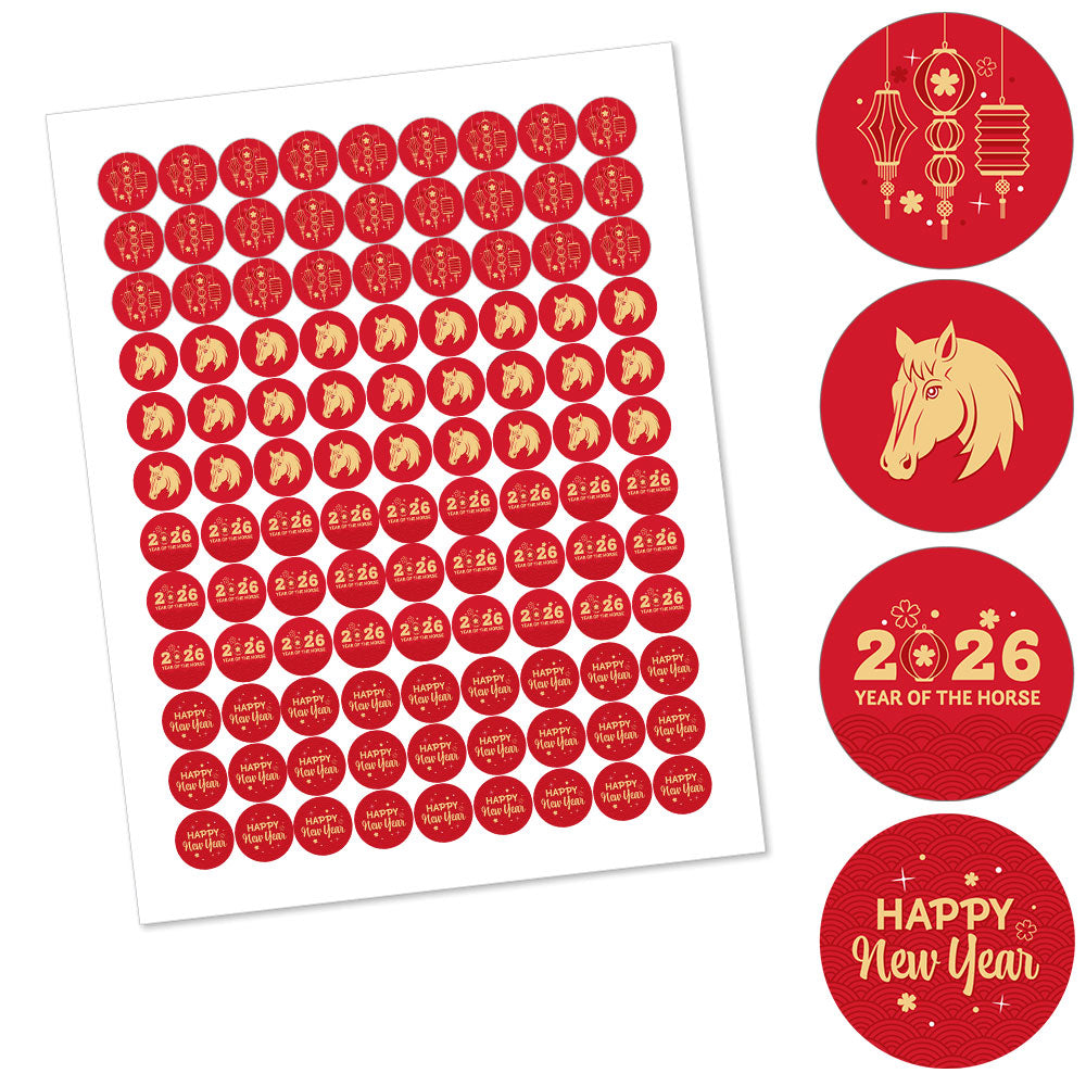 Lunar New Year - 2026 Year of the Horse Round Candy Sticker Favors - Labels Fit Chocolate Candy (1 sheet of 108)