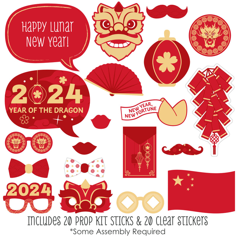 Lunar New Year - 2024 Year of the Dragon Photo Booth Props Kit - 20 Count