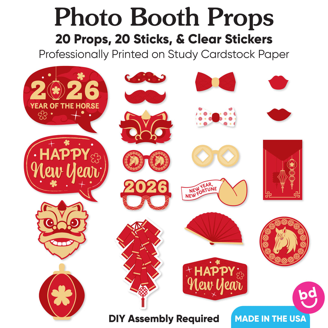 Lunar New Year - 2026 Year of the Horse Photo Booth Props Kit - 20 Count
