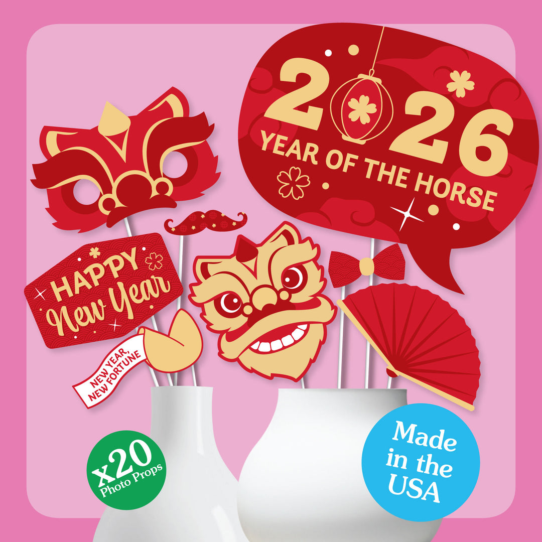 Lunar New Year - 2026 Year of the Horse Photo Booth Props Kit - 20 Count