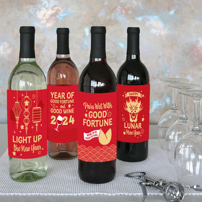 Lunar New Year - 2024 Year of the Dragon Decorations for Women and Men - Wine Bottle Label Stickers - Set of 4