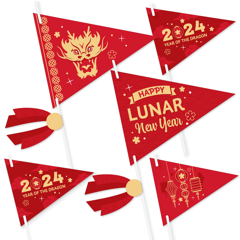Lunar New Year - Triangle 2024 Year of the Dragon Photo Props - Pennant Flag Centerpieces - Set of 20